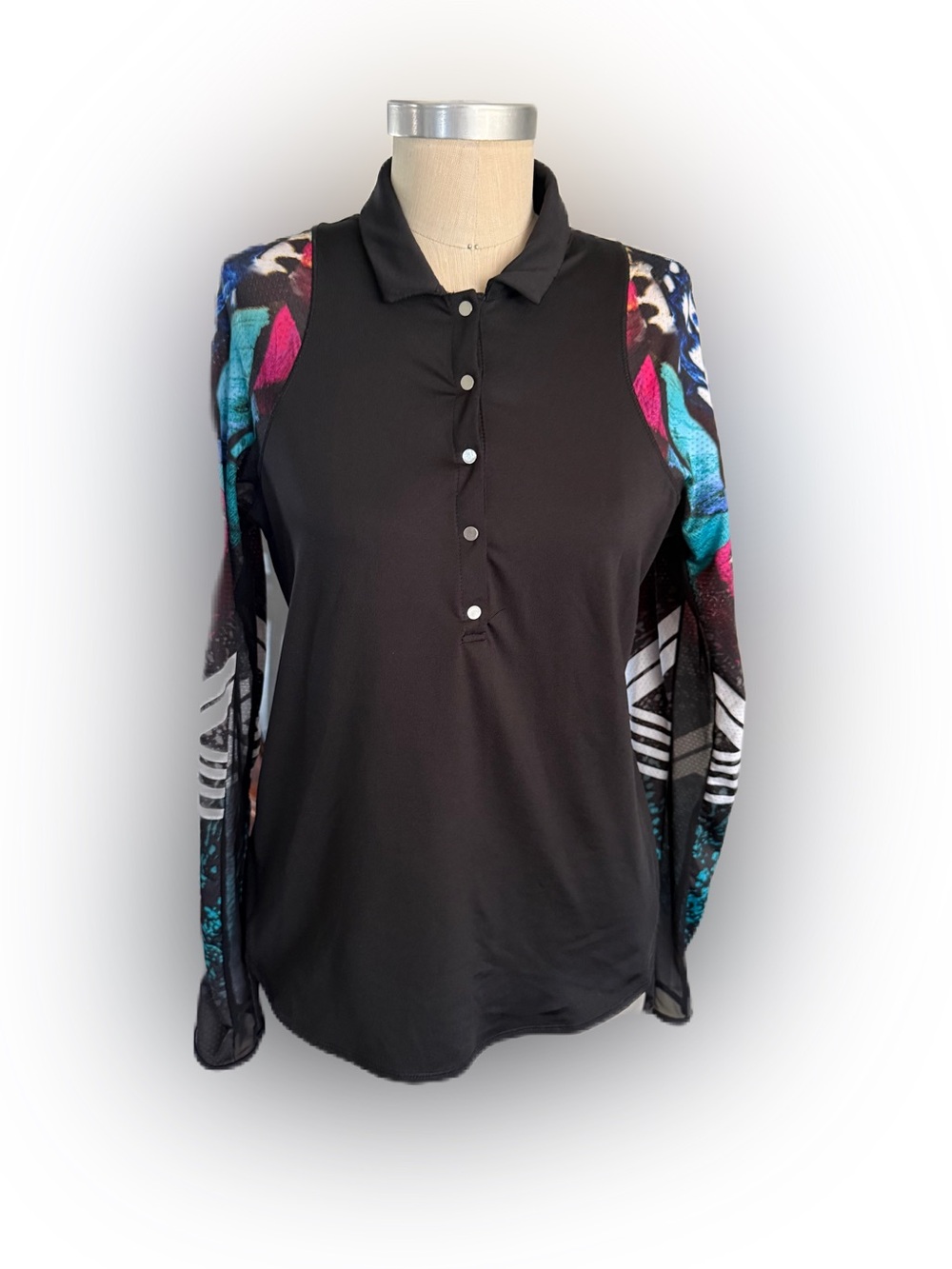 Lucky In Love Black Long Sleeve Rash Top With Multicolor Sleeves. Size Small